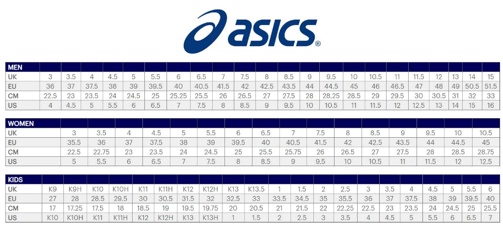 Asics gel rocket size sale chart