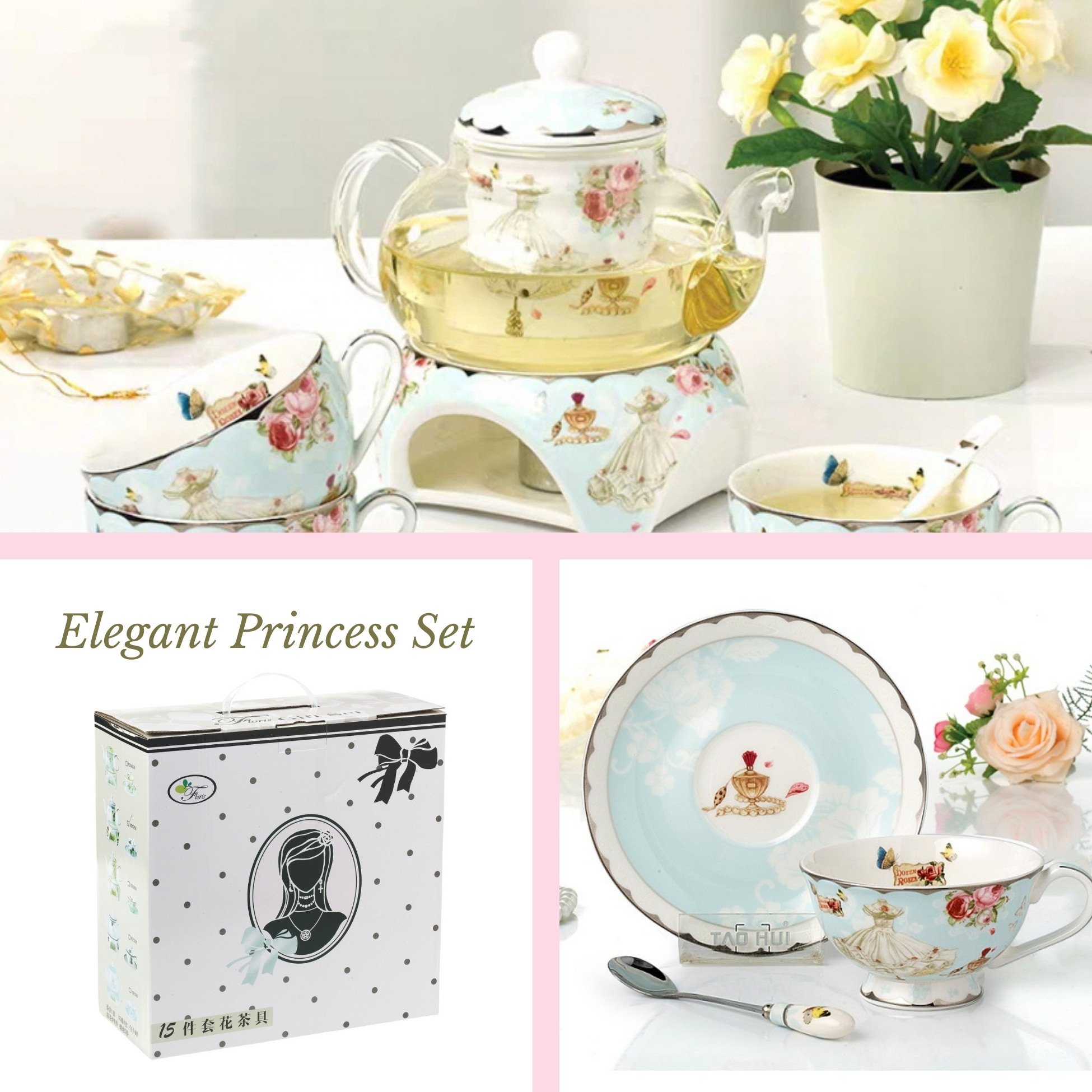 Princess English Tea Pot Set 4 Tea Set Cups Teapot Warmer Filter English Style Tea Set European