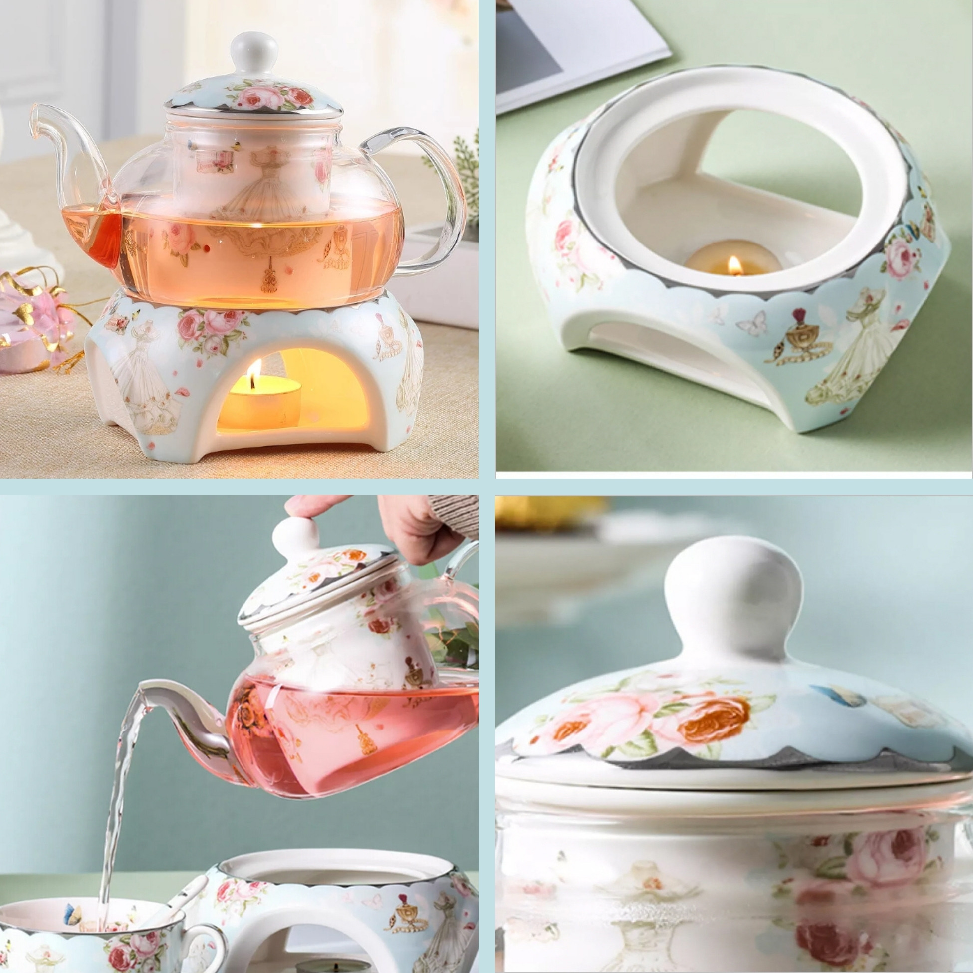 Princess English Tea Pot Set 4 Tea Set Cups Teapot Warmer Filter