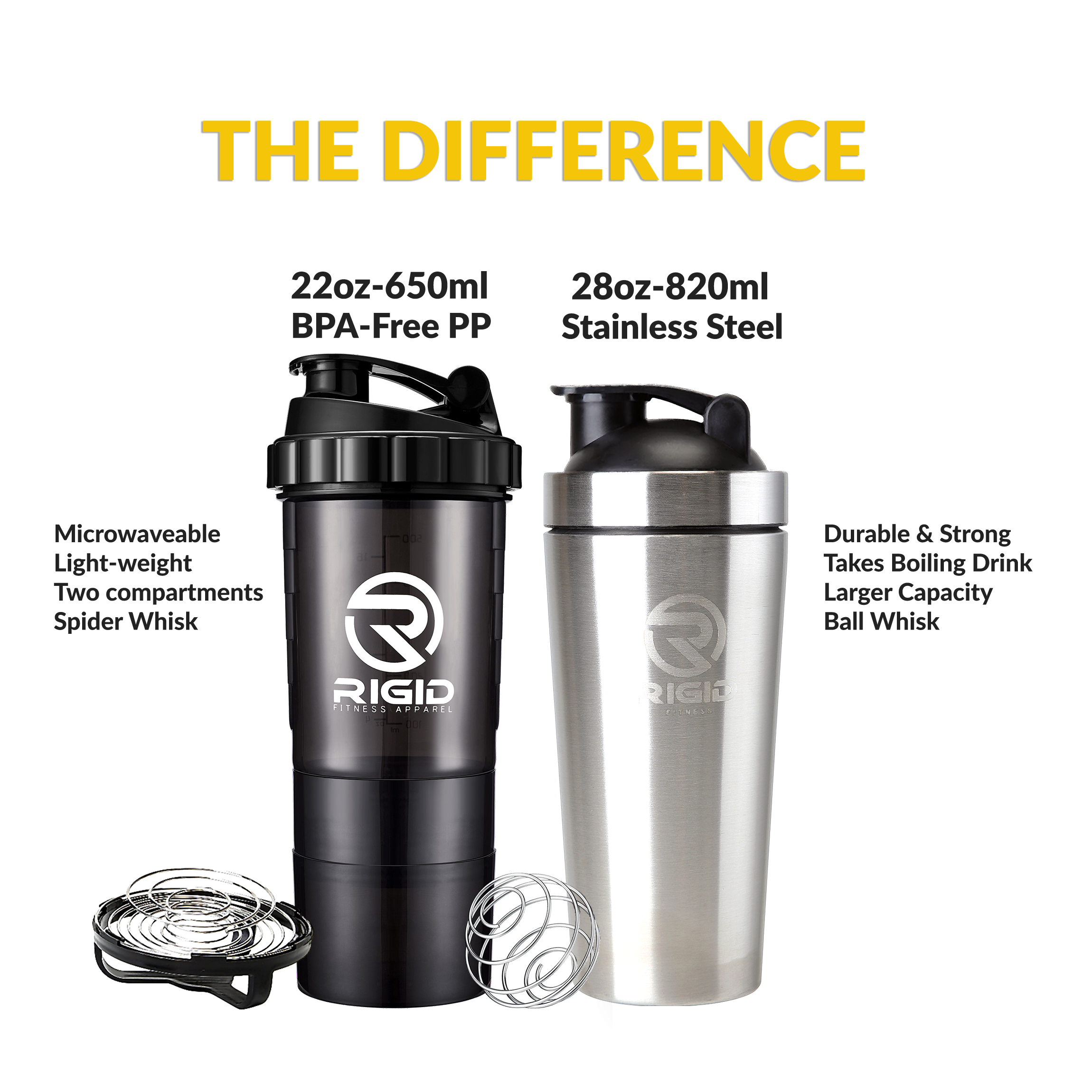 Shaker Cup, Stainless Steel Shaker Bottle with Wire Whisk, BPA