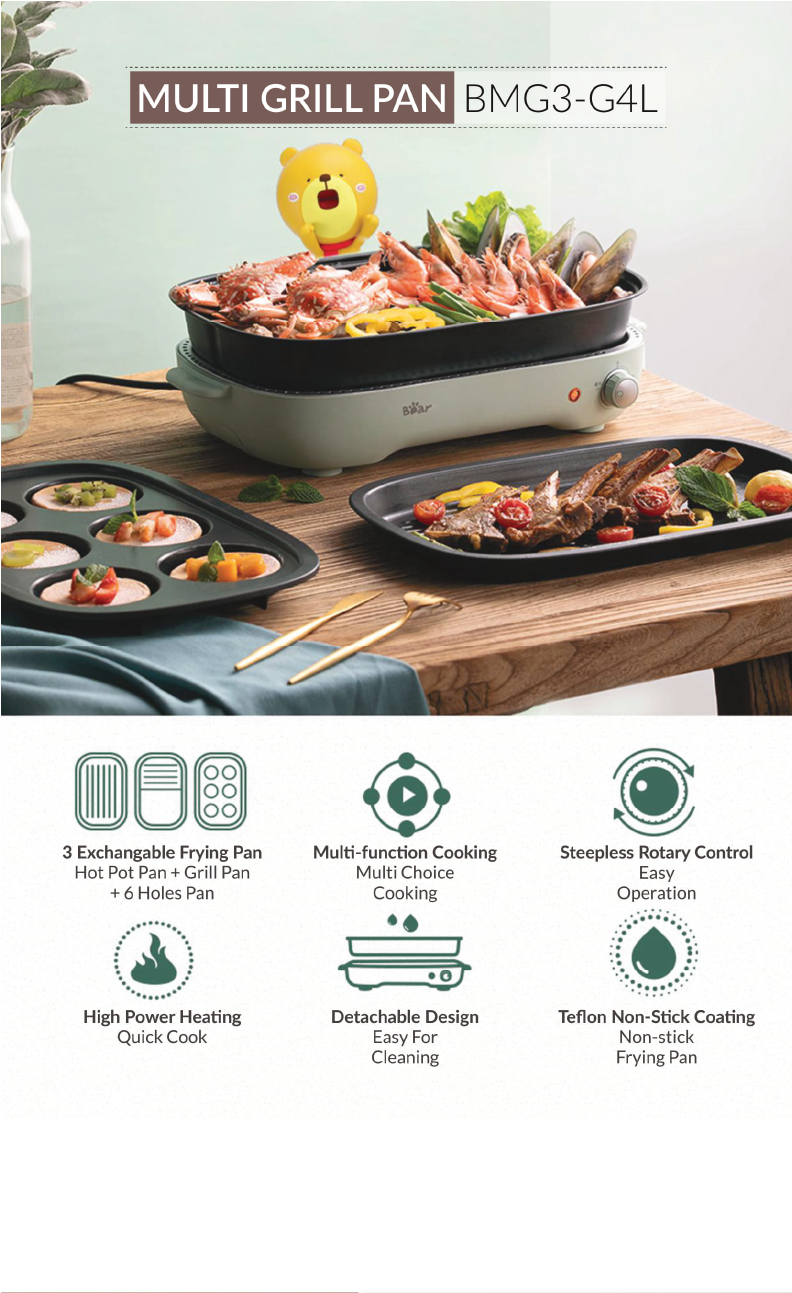 3in1 Multi Grill Pan 4L Teflon NonStick Coating Bear Malaysia