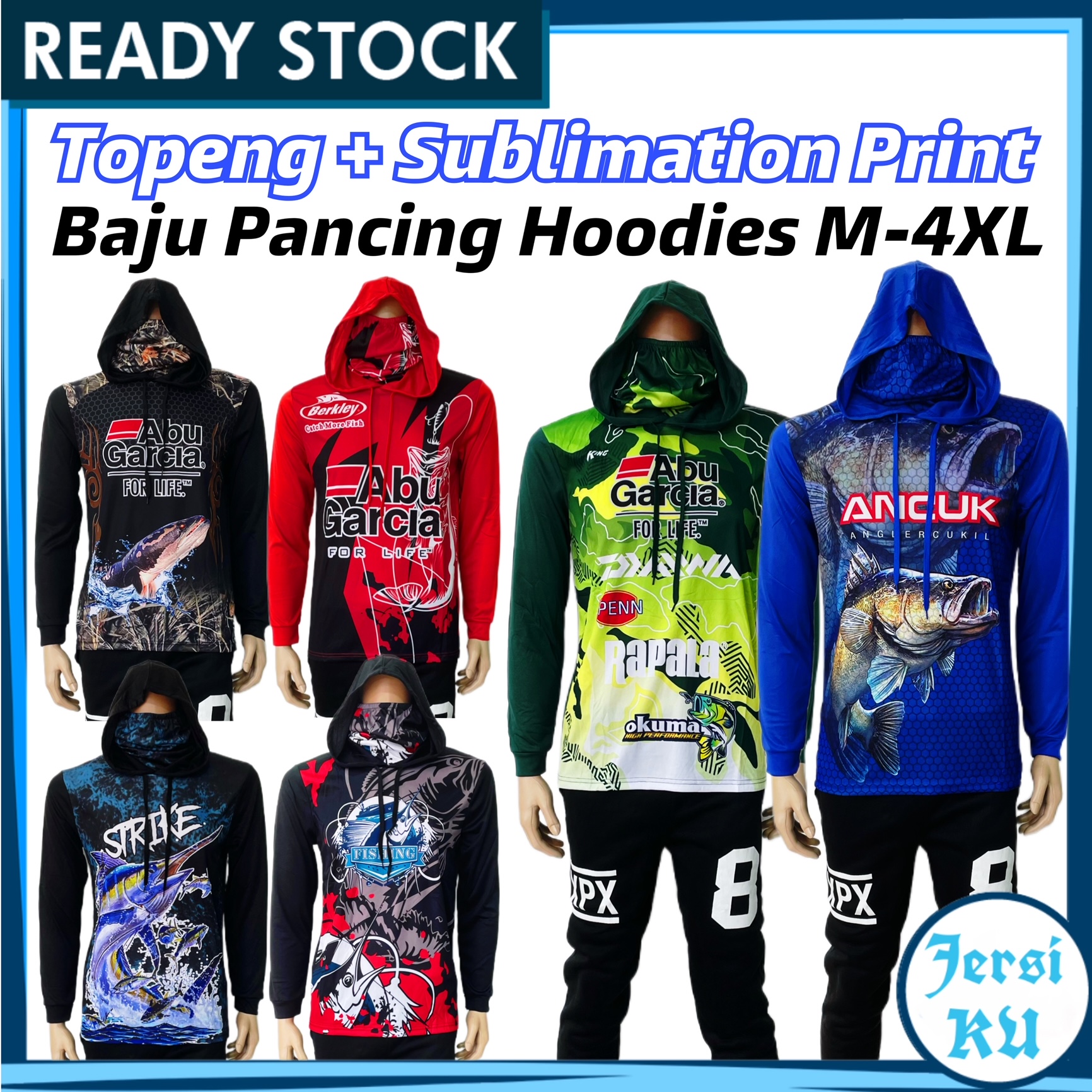 JERSIKU Men Fishing Hoodies Shirt with Face Cover Baju Pancing Lengan  Panjang Topi Baju Casting Toman Abu Gracia PM-Black M | PGMall