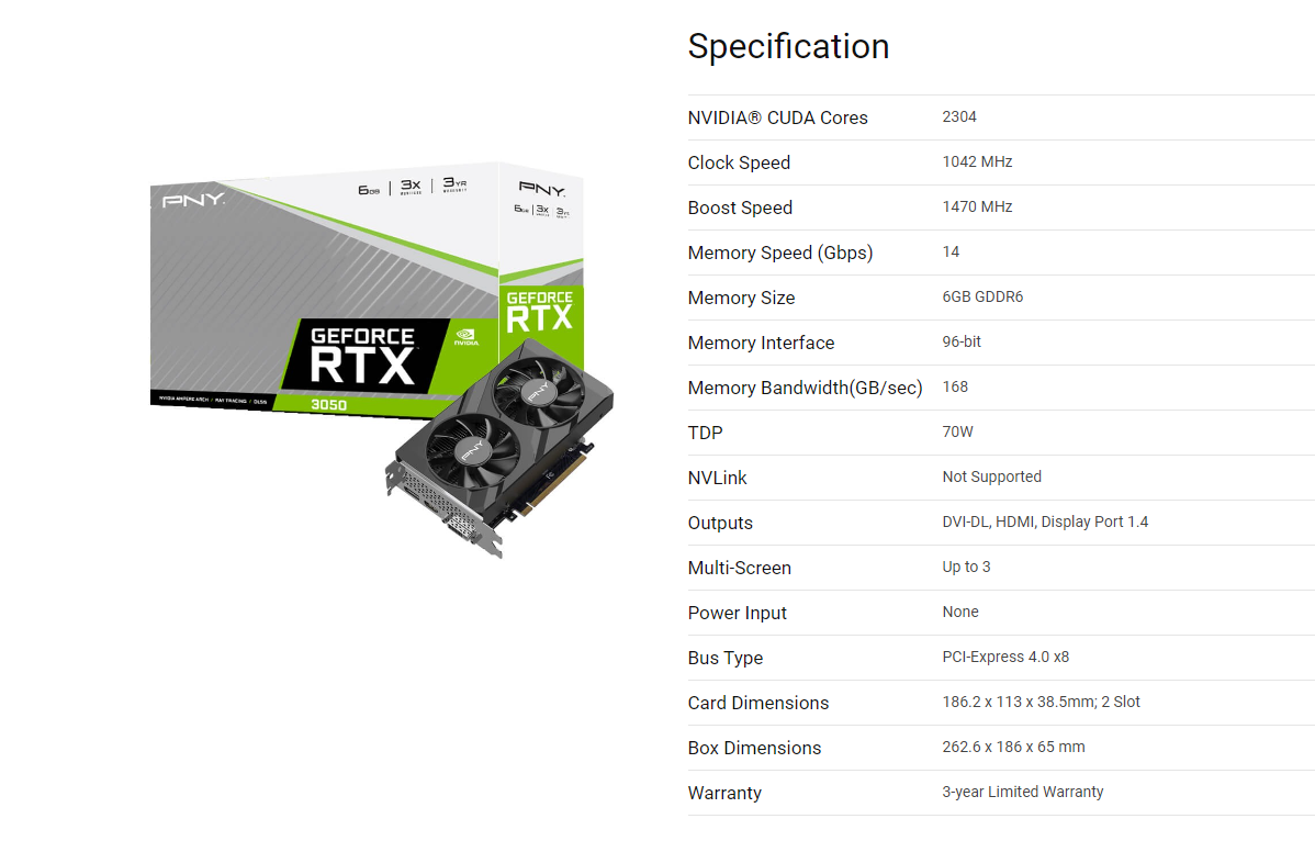 PNY RTX 3050 VERTO DUAL FAN 6GB GDDR6 Nvidia GeForce RTX3050 6G D6