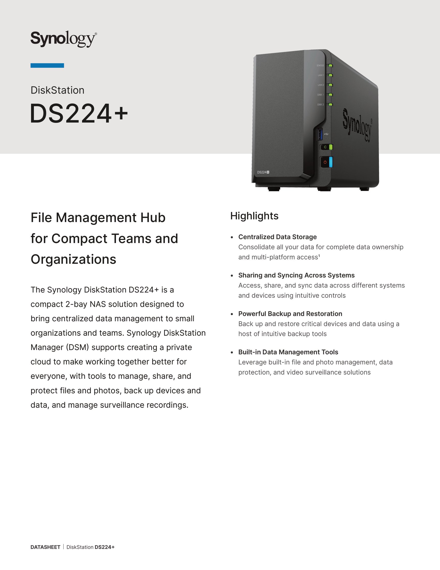 Synology DS224+ NAS DiskStation 2Bays with Quad Core CPU, 2GB Memory, ALL IT Hypermarket