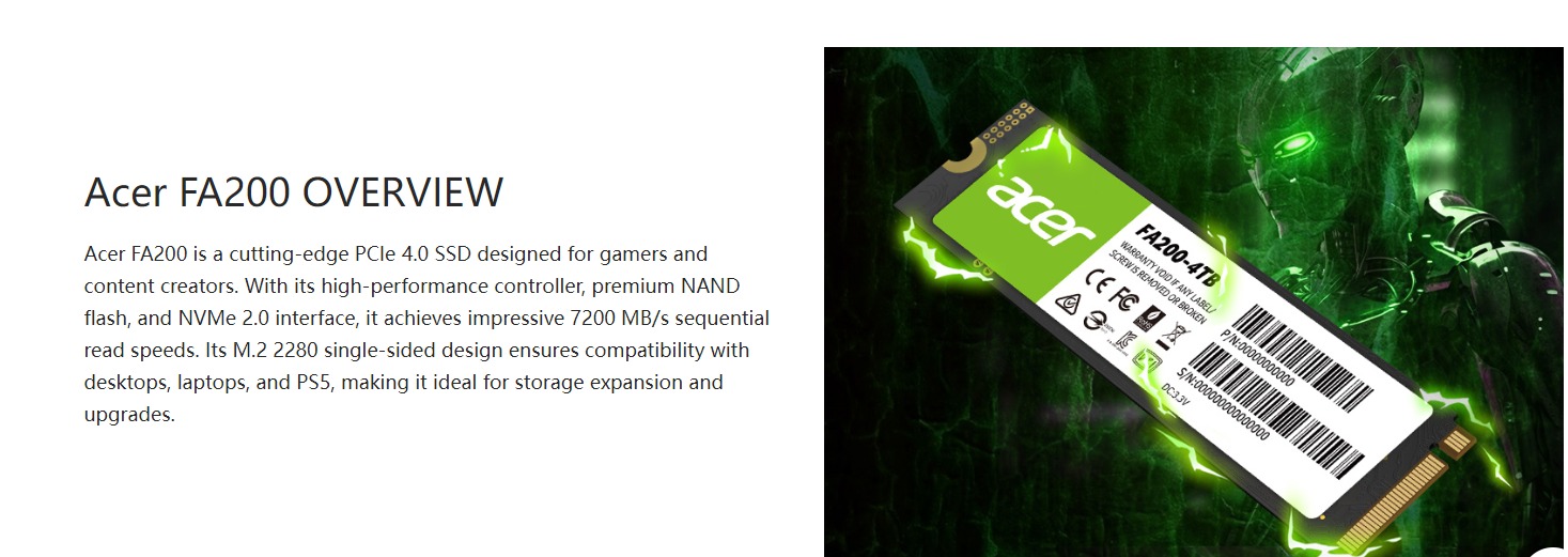 Acer FA200 4TB NVME GEN4 SSD FA200-4TB PS5 Compatible Solid State