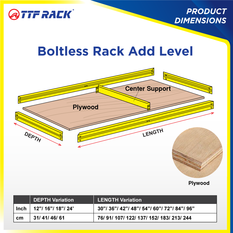 TTF Rack™ BOLTLESS RACK PLYWOOD ADD LEVEL D31-61cm L76-244cm 400kg ...