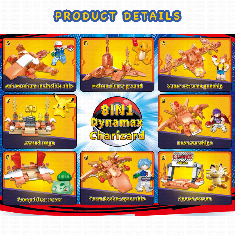 HY2703 Pokemon Pikachu 8 in 1 Building Blocks Minifigures