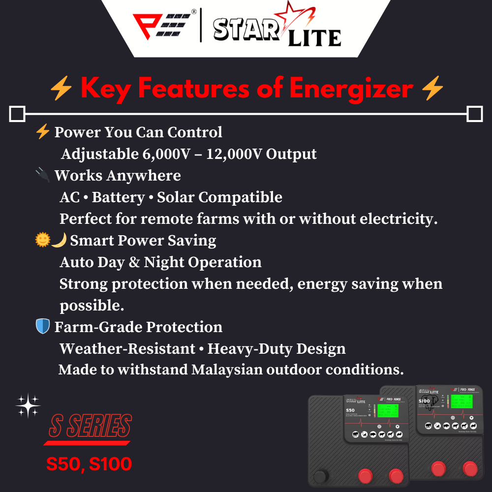StarLite Alarm Energizer S50 S100 S120 5Joule 10Joule 12Joule Electric Fence Pagar Elektrik Pagar Kebun Solar