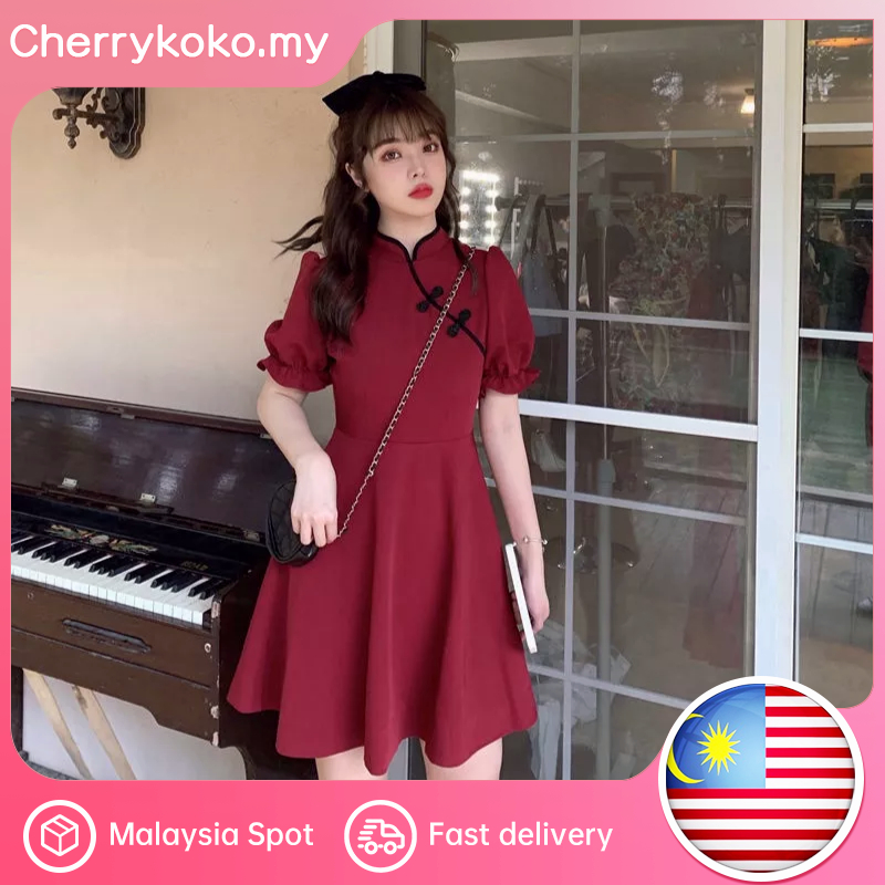 复古改良版旗袍连衣裙气质红色收腰中长款旗袍裙 Retro style improved cheongsam dress wine red dress fairy mid-length cheongsam dress Cherrykoko.my