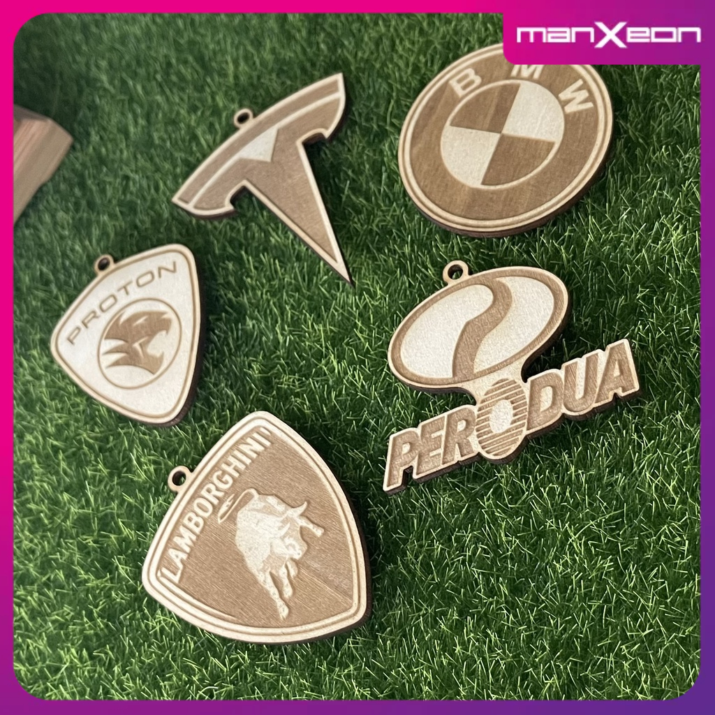 Car Logo Keychain Laser Wood Customize Perodua Proton Honda Suzuki Tesla Lamborghini BMW Mitsubishi Audi