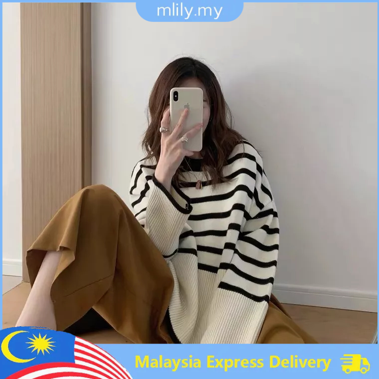 【Malaysia stock】Women Ladies O-Neck Long Sleeve Knit Top Sweaters Shirts Loose Blouse ML