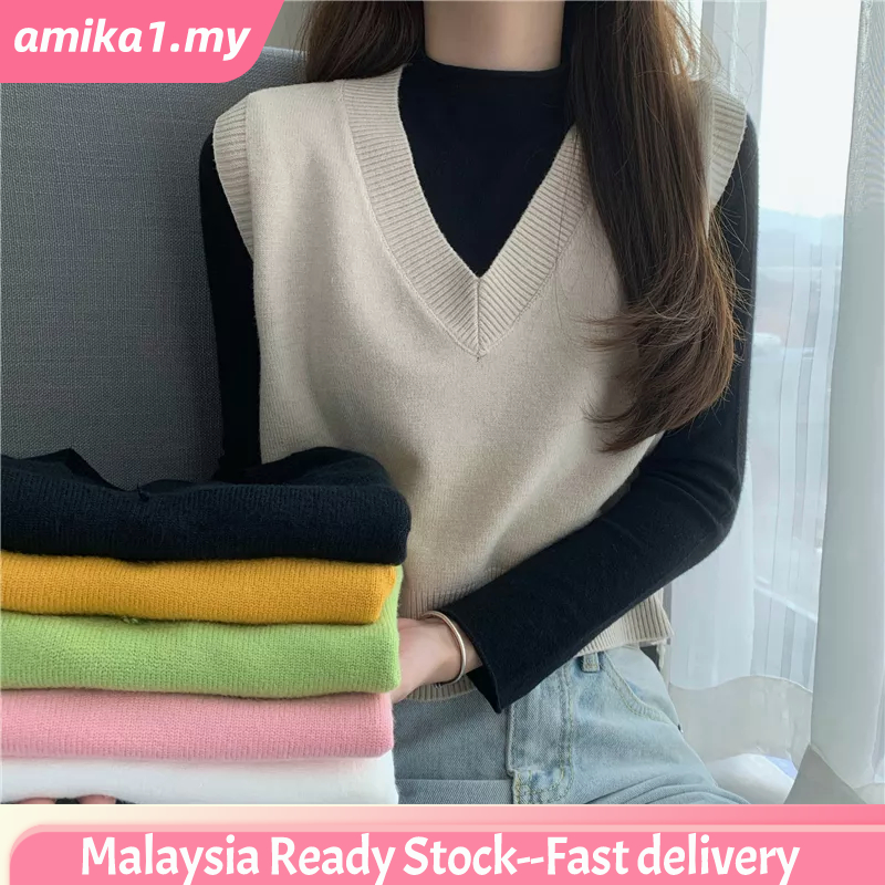 【Malaysia Ready Stock】Women Knit Vest Knitted Vest Sleeveless Knitwear Soft Comfy Vest Sweater High Quality Amika1