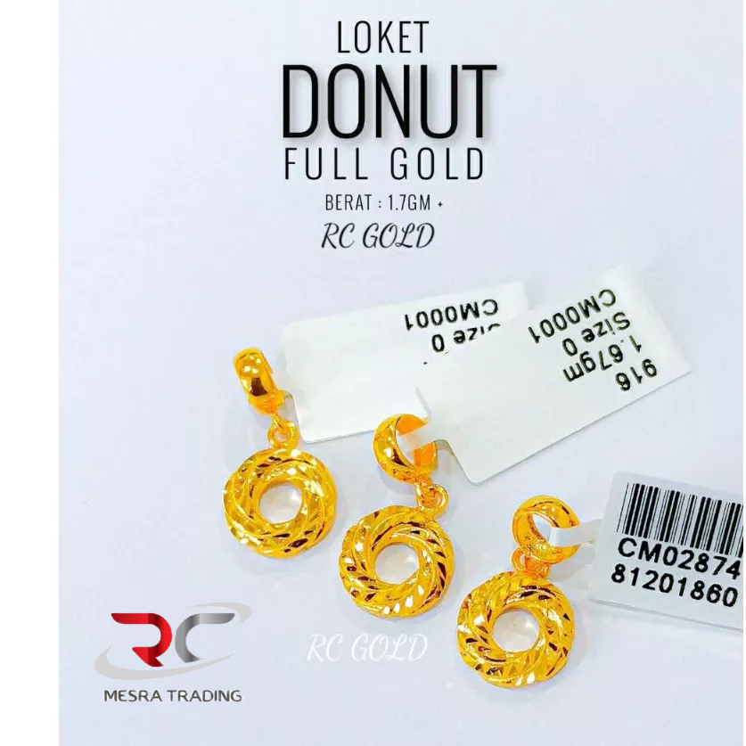 CHARM DONUT FULL GOLD DAN 2C EMAS TULEN 916 LOKET DONUT 2C EMAS TULEN 916 LOKET BULAT CHROME EMAS 916