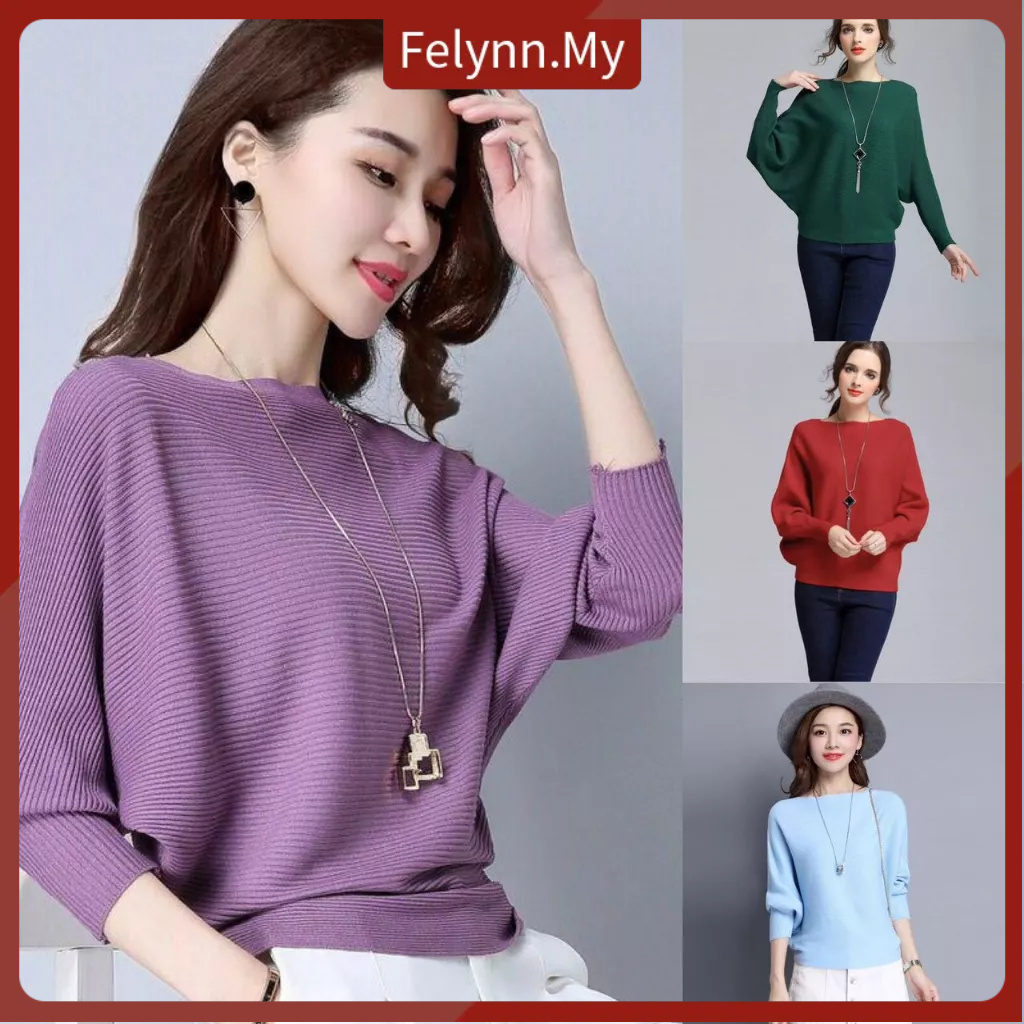 【Felynn.My】30 colors Women's Bat Sleeve Sweater Loose Solid Color Single Collar Sweater Knitted Top