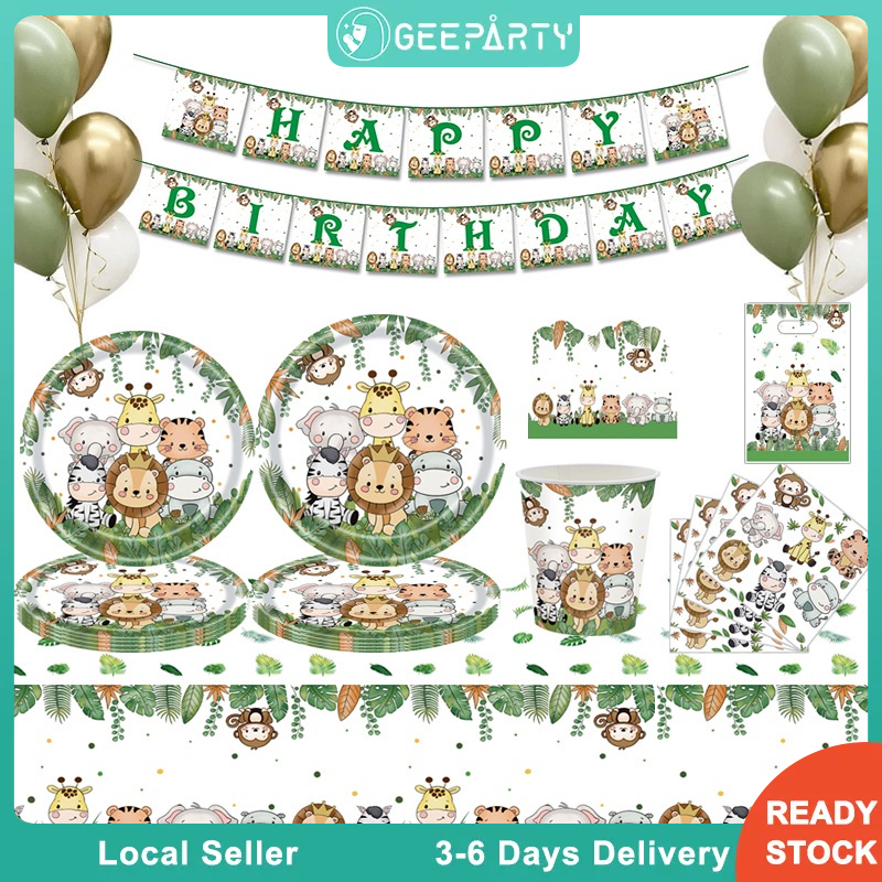 GeeParty Cute Animal Safari Disposable Tableware Baby Wild One Birthday for Party Decorations Favors Supplies