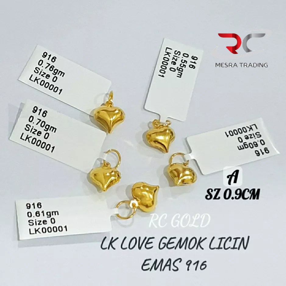 LOKET LOVE GEMOK LICIN BAJET 0.9CM EMAS TULEN 916 LK KECIL LOVE GEMUK LICIN EMAS 916 SMALL LOVE PENDANT GOLD 916