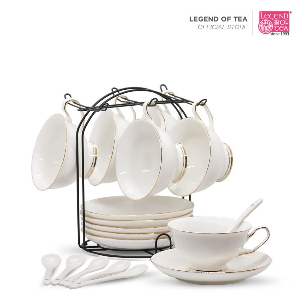 Lots® European Style White Elegance Teapot Cup Saucer and Rack Tea Set