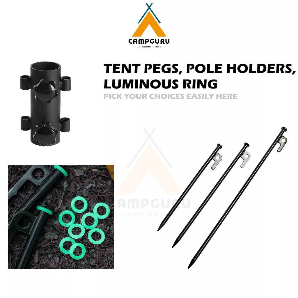 CAMPGURU Heavy Duty Camping Tent Nail Peg Stake 20 25 30 40 CM and Tent Pole Holder and Luminous Fluorescent Ring
