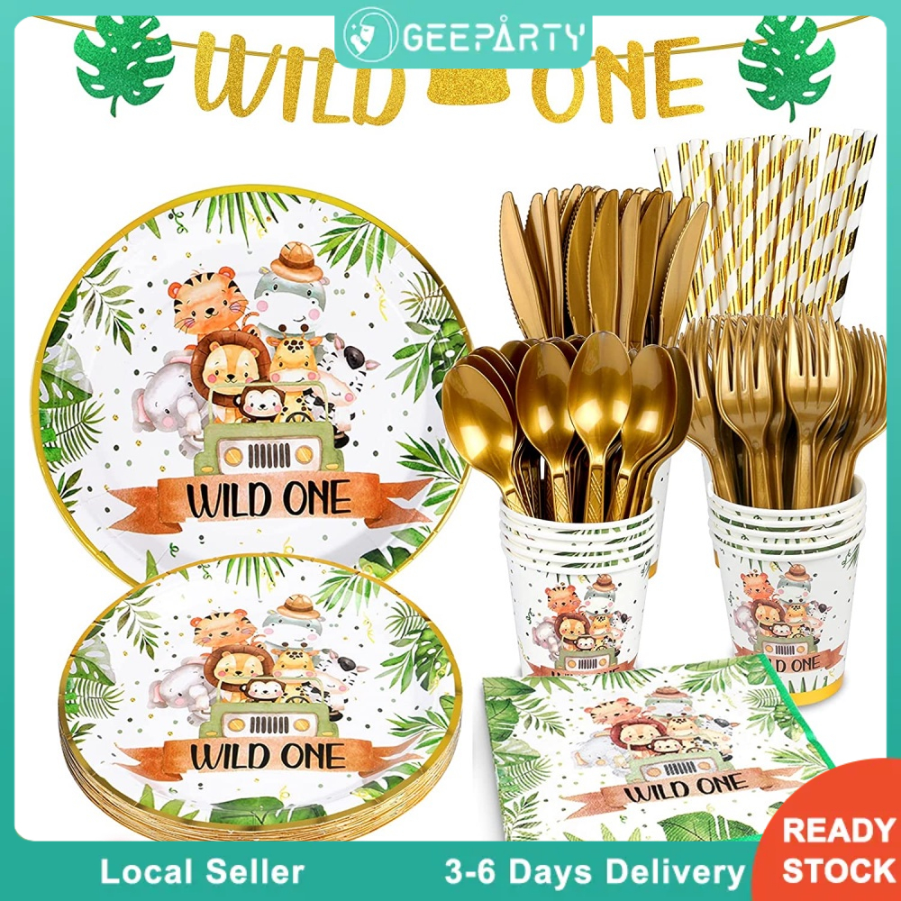 GeeParty Safari Jungle Party Disposable Tableware Green Wild One Bronzing Zoo Animal Theme Party Decoration