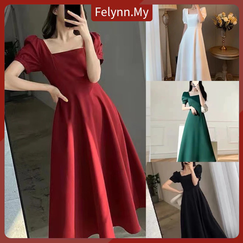 【Felynn.My】Plus Size 6724 Women Retro Hepburn Style Dress Slim Waist Square Collar Dress gowns