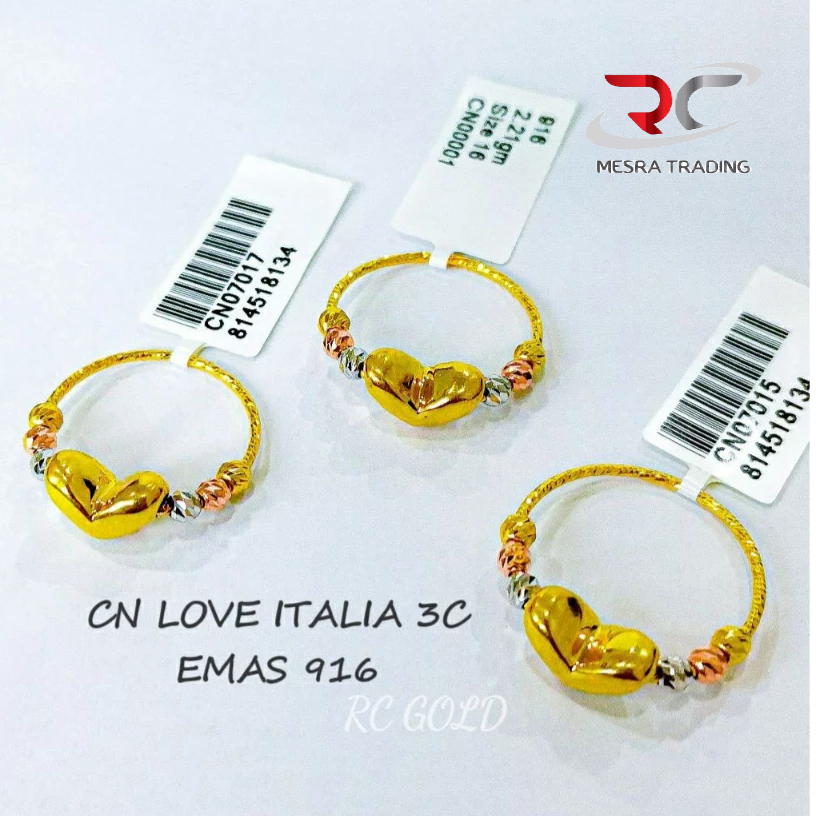 CINCIN LOVE LICIN ITALIA 3C EMAS TULEN 916 CN BOBA ITALY 3C LOVE GEMOK LICIN EMAS 916 3 COLOUR ITALIA BOBA RING GOLD 916