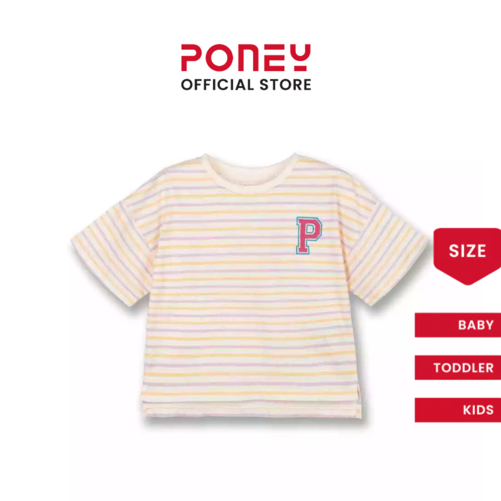 Poney Girls White Poney Logo Fun Stripes Short Sleeve Tee