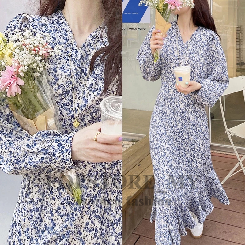 Ready StockNew Korean Women Blue Fishtail Floral Dress Casual Elegant Long Sleeve Fashion Chiffon Loose Long dress