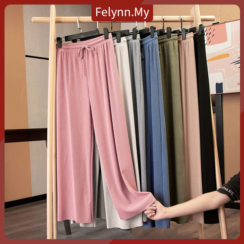 【Felynn.My】 Korean style Ice Silk Wide leg pants casual pants high waist straight loose pants seluar perempuan  女阔腿裤