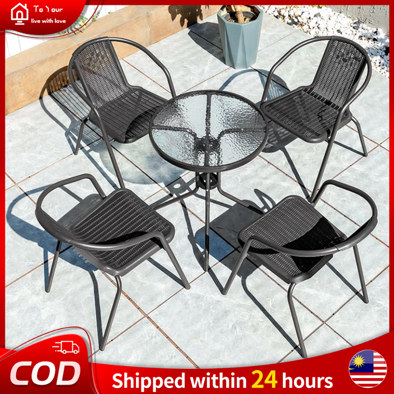 【READY STOCK】Outdoor Furniture Garden Set 4 Chairs + 1 Square Black Table For Balcony,Patio,Terrace