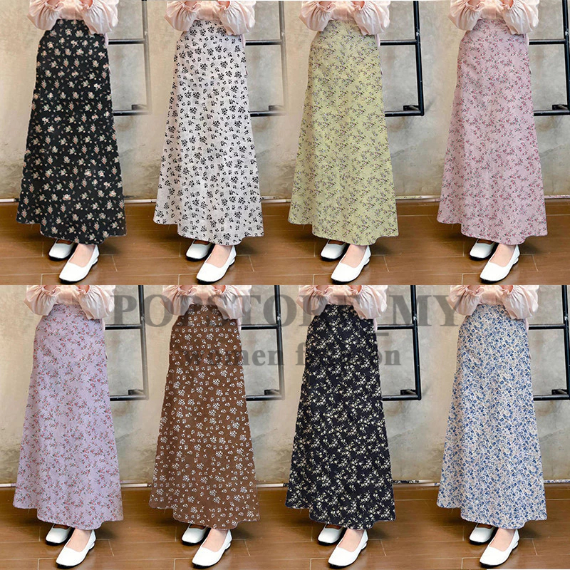 Ready StockWomen Fashion Print Floral Skirt Korean Style High Waist Sakura Pattern Vintage Midi Skirt
