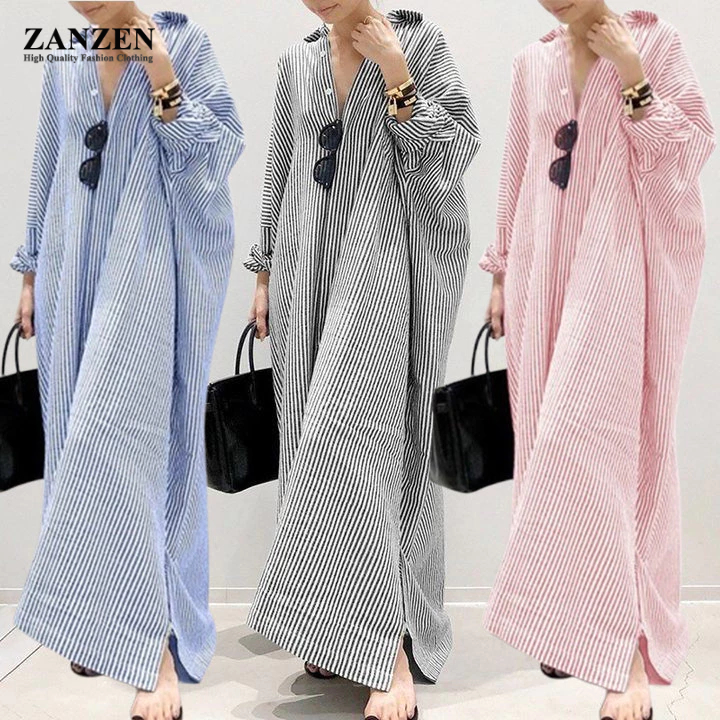 ZANZEN Women Fashion Casual Long Sleeve Stripe Blouse Button Down Split Hem Long Shirt Dress Kemeja Perempuan