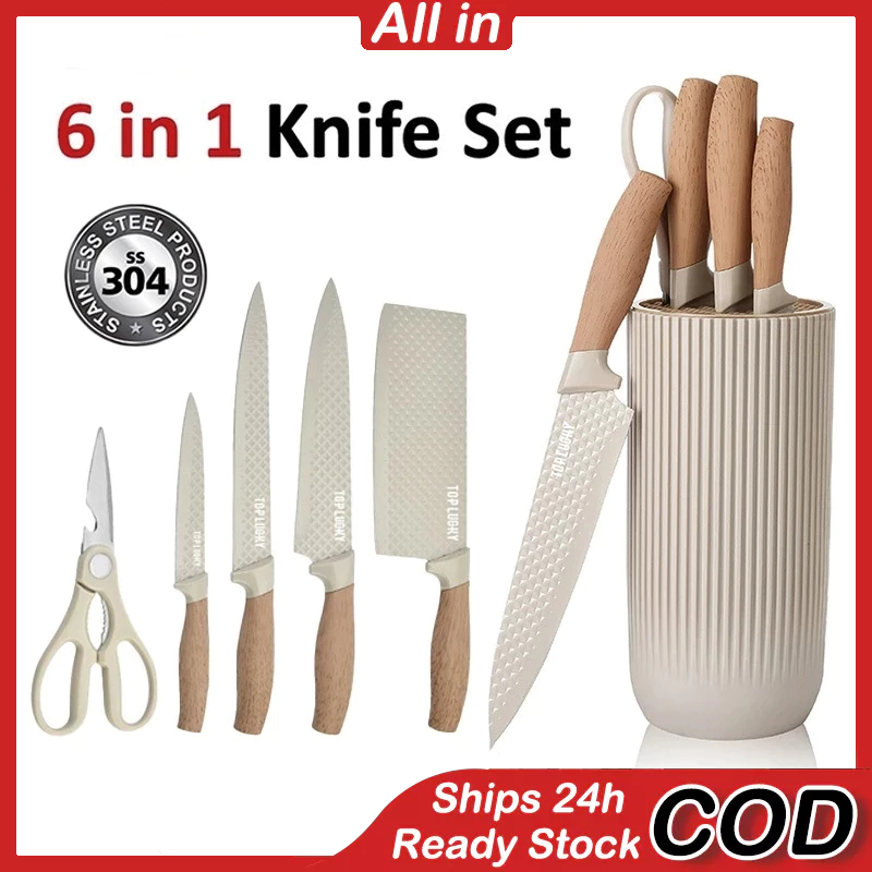 6 IN 1 Knife Set Stainless Steel Kitchen Knife Holder Pisau Dapur Pisau Sayur Cooking Knives Gunting Daging 刀具套装