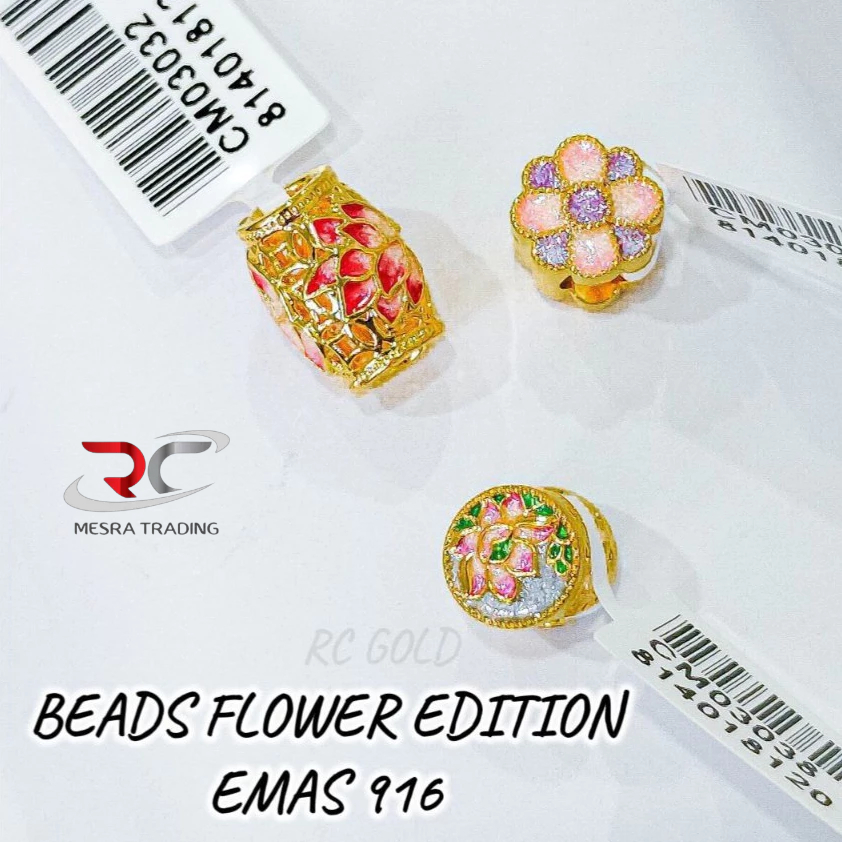 BEADS BUNGA EDISI EMAS TULEN 916 LOKET FLOWER 916 COLOURFUL FLORAL PENDANT EMAS 916 CHARMS GOLD 916 彩色花卉串饰