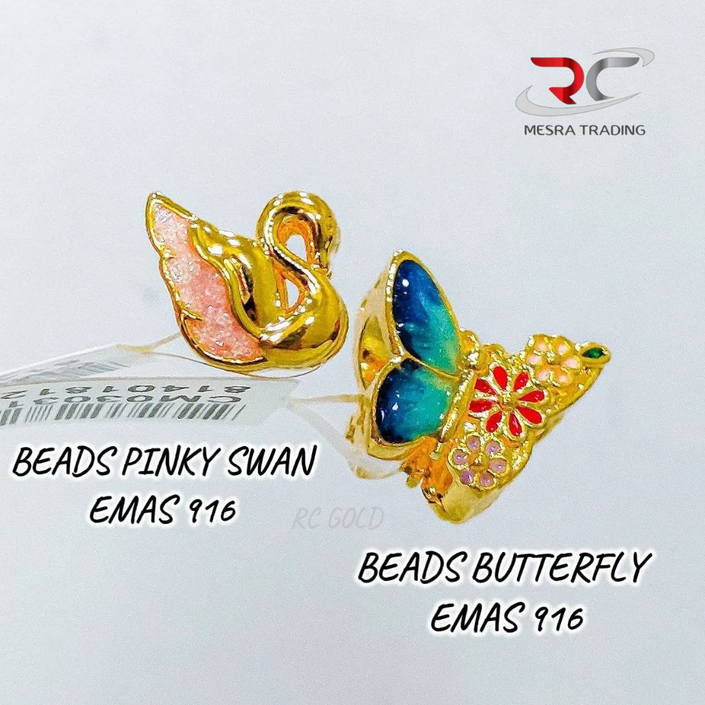 BEADS PINKY SWAN EMAS TULEN 916 BEADS BUTTERFLY LOKET ANGSA 916 SWAN PENDANT EMAS 916 CHARMS GOLD 916 粉天鹅串饰 蓝蝴蝶串饰