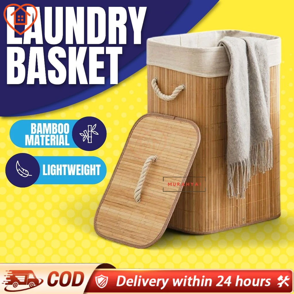 LOWEST PRICERattan Laundry Basket With Lid Foldable Laundry Bag Dirty Clothes Toys Storage Bakul Baju Kotor Large