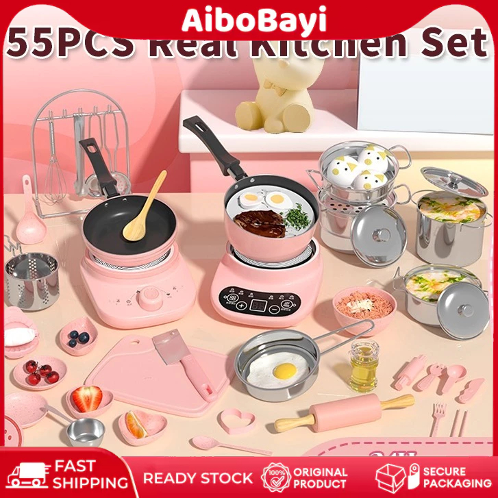 【Real】55pcs Set Masak Nyata untuk Kanak-Kanak Set Dapur Mini Permainan Pura-Pura Masak Ketul  Kids Kitchen Toy Playhou