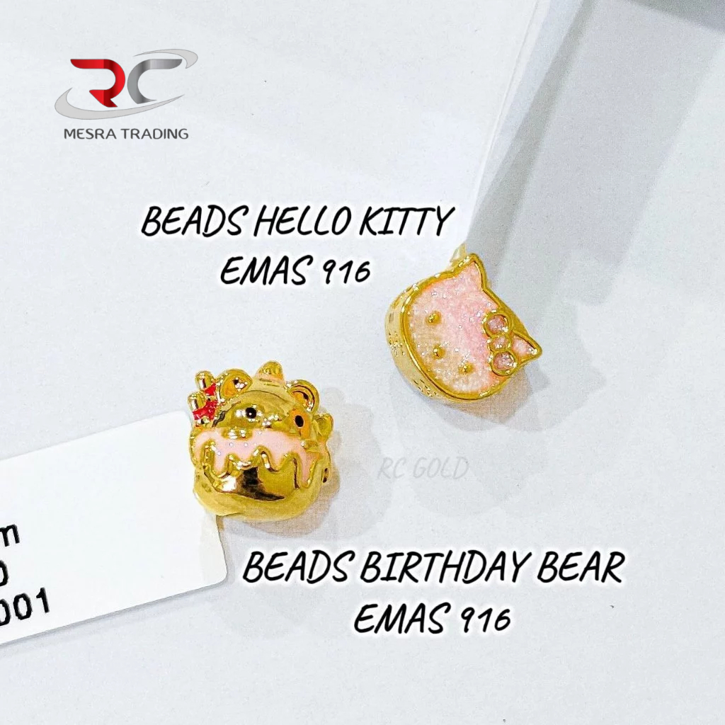 BEADS BIRTHDAY BEAR EMAS TULEN 916 LOKET HELLO KITTY 916 CUTE PENDANT EMAS 916 CHARMS GOLD 916 生日小熊串饰 凯蒂猫串饰