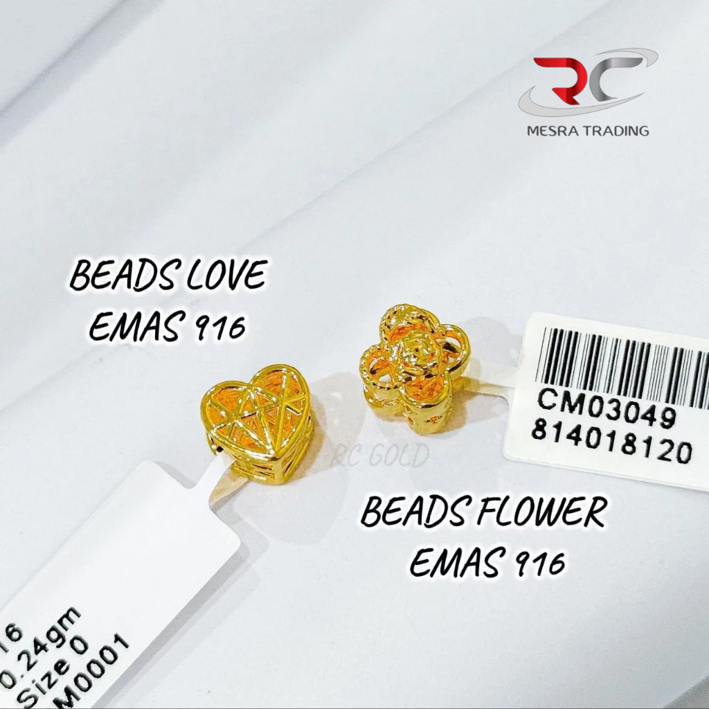 BEADS FLOWER LOVE EMAS TULEN 916 LOKET BUNGA FULL GOLD EMAS 916 LOVE PENDANT EMAS 916 CHARMS GOLD 916 爱心花卉珠串