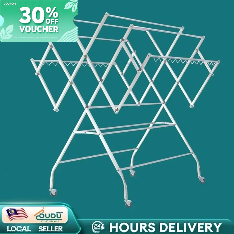 ??【9112】Stainless Steel Clothes Rack Foldable With Wheels Mobile Cloth Hanger Clothing Drying Rack ampaian baju Rak 曬衣架