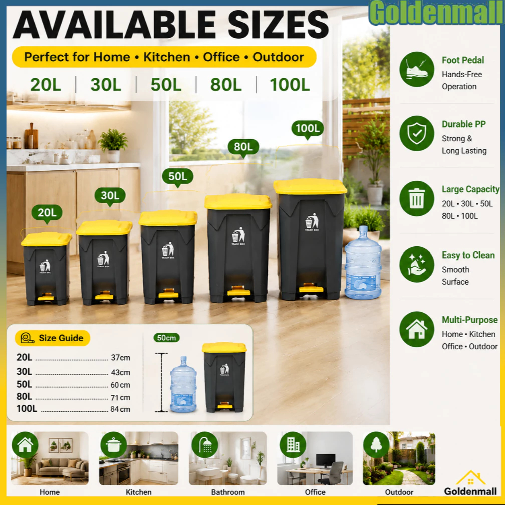 【COD+Ready Stock】Tong Sampah Komersial 20L-100L Pedal Buka Tutup Heavy Duty Plastic Dustbin Untuk Restoran Pejabat Dapur