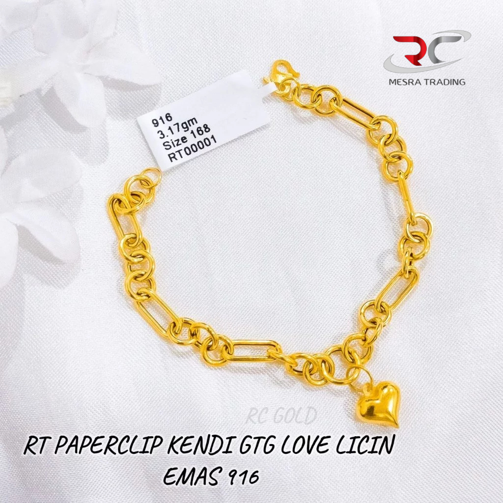 RANTAI TANGAN PAPERCLIP KENDI GTG 1 LOVE LICIN EMAS TULEN 916 GELANG PAPERCLIP LOVE EMAS 916 SIMPLE BRACELET GOLD 916