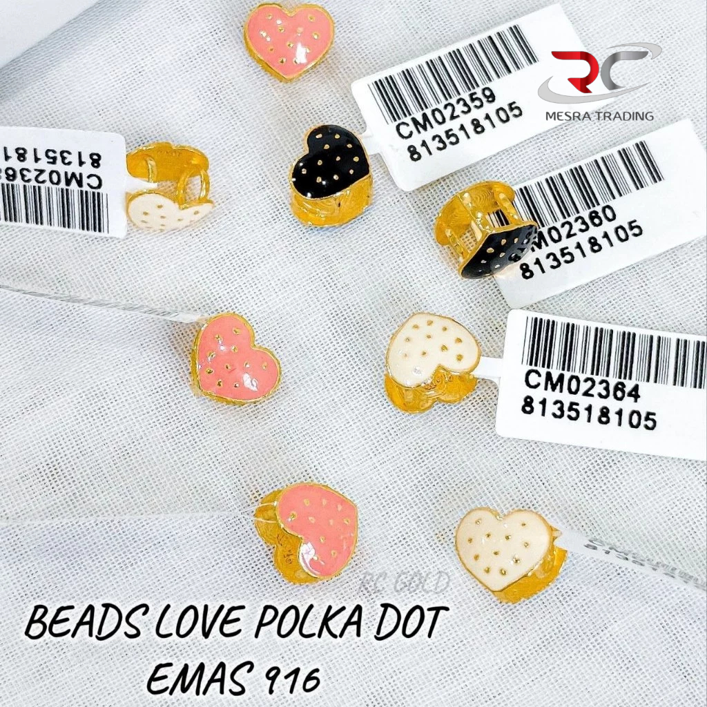 BEADS LOVE HEART POLKA DOT EMAS TULEN 916 LOKET LOVE EMAS 916 CHARMS GOLD 916 BLACK & WHITE PINK 916 爱心黄金串饰