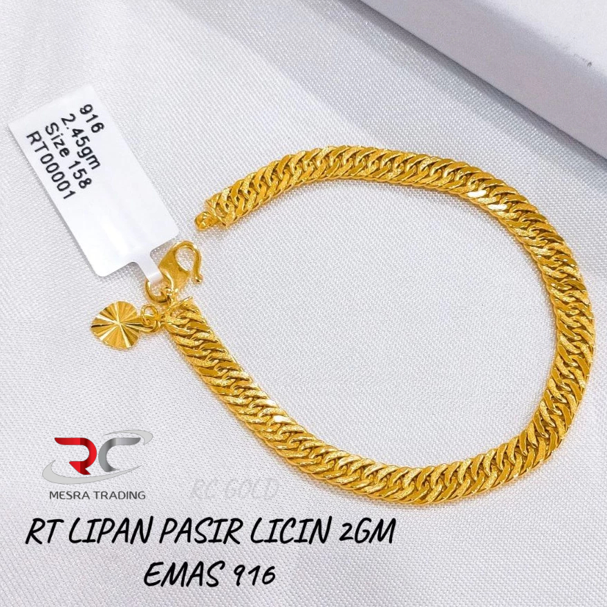 RANTAI TANGAN LIPAN PASIR LICIN 2GM EMAS TULEN 916 GELANG TANGAN KAIT 2 PASIR EMAS 916 RT K2 EMAS 916 GOLD BRACELET 916
