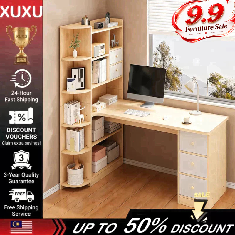 XUXU-Study Table Computer Table With Bookshelf Multiple Storage Corner Design Save Space