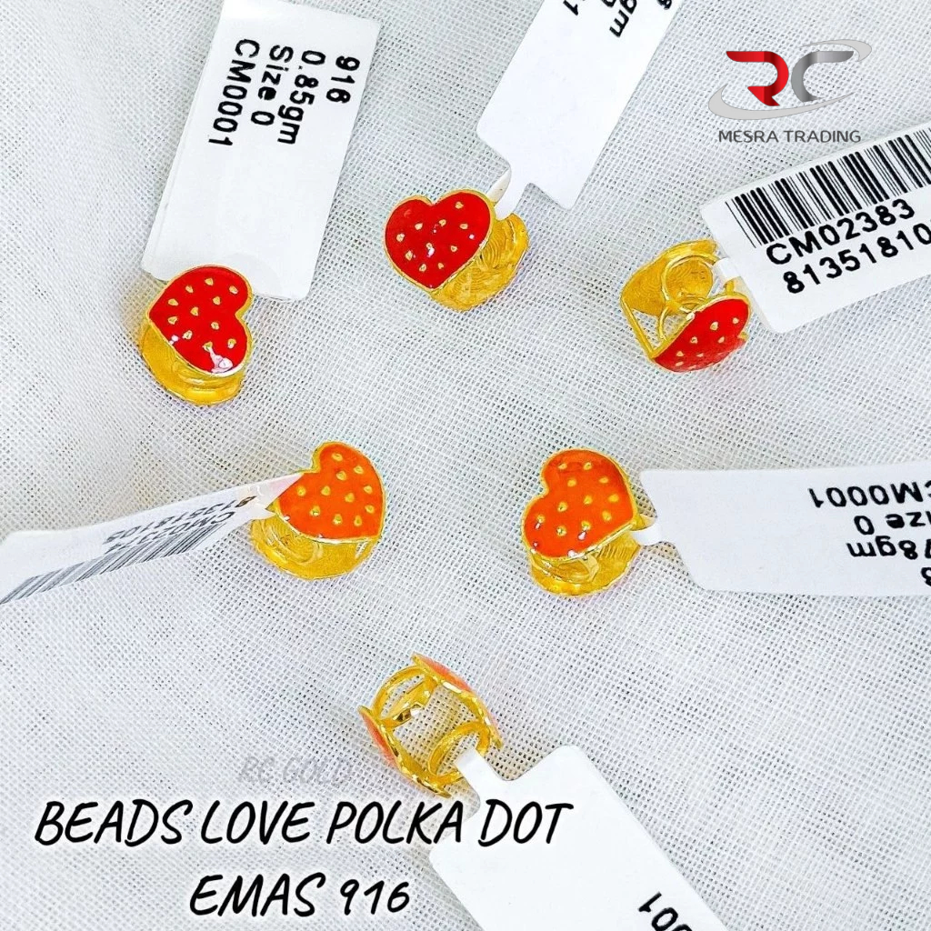BEADS LOVE HEART POLKA DOT EMAS TULEN 916 LOKET LOVE EMAS 916 RED & ORANGE LOVE CHARMS BEADS GOLD 916 PENDANT 916 爱心黄金串饰