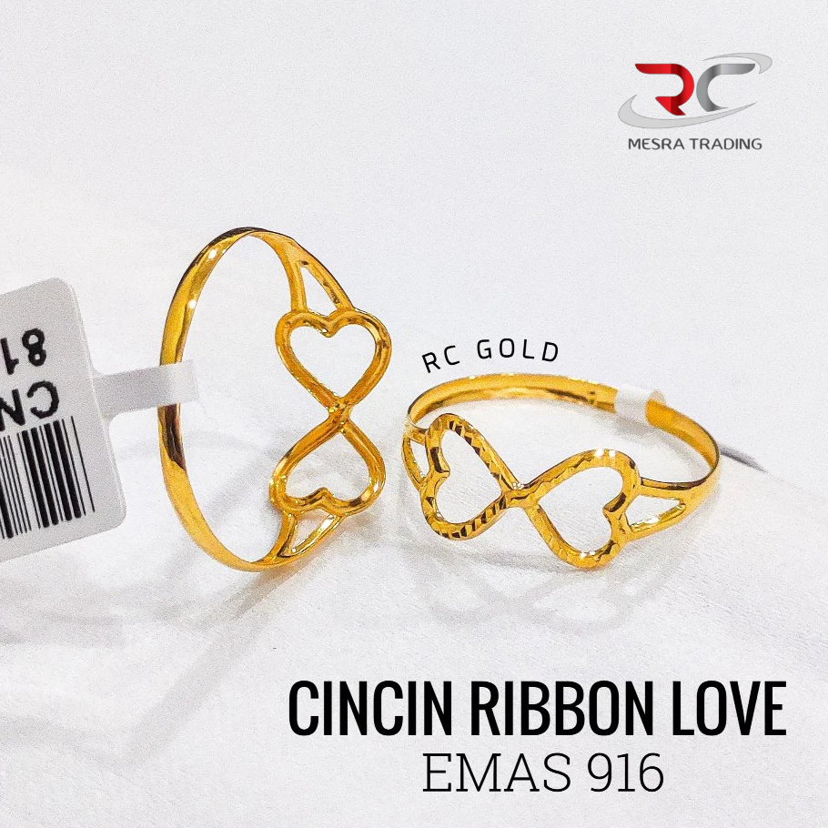 CINCIN RIBBON STAMPING EMAS TULEN 916 CN LOVE BAJET EMAS 916 SIMPLE FASHION LOVE GOLD RING 916