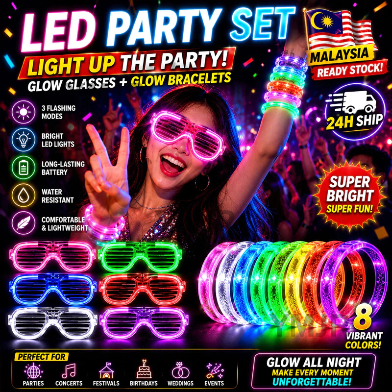 24HNeon 8 Color LED Glow Wristband & Light Up Glasses, Party Decor Gift for Hari Raya, Xmas, Club & Performance发光眼镜发光手环