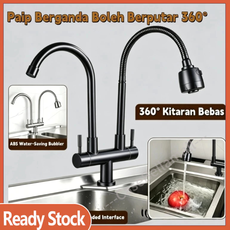 Ready Stock COD Paip Berganda SUS304, Pemasangan Mudah, Kitchen Bathroom Balcony Faucet,Perak/Hitam,Multi Styles