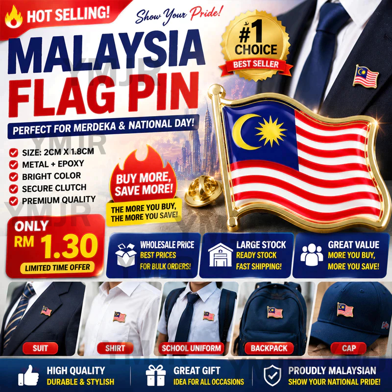 【24H】Malaysian Flag Crystal Dangle Brooch, Elegant Metal Lapel Pin, Independence Day Souvenir Jewelry for Daily Wear