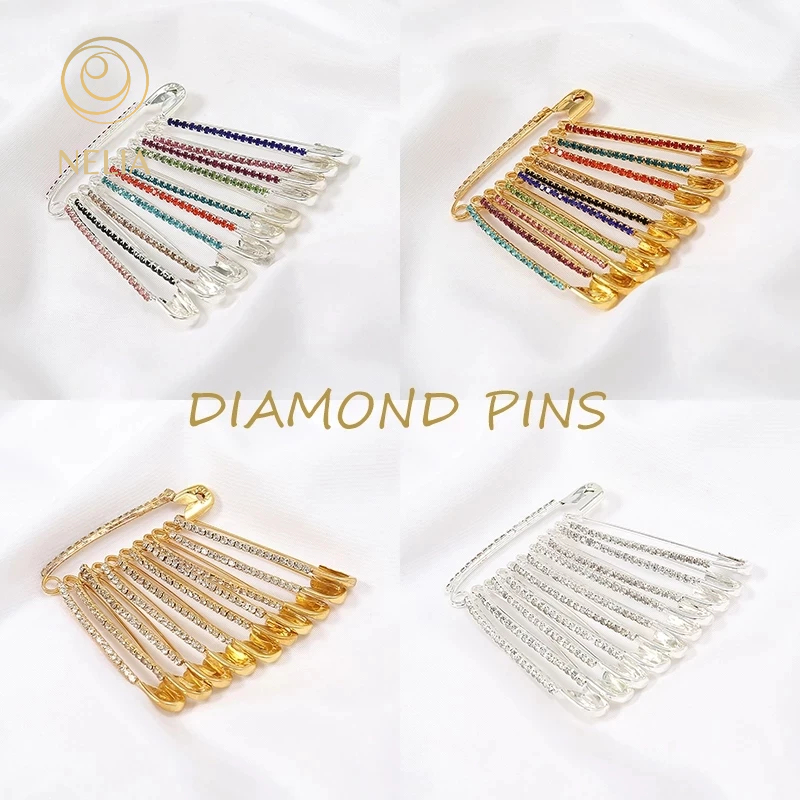 Nelia Gold Rainbow Stone Safety Pin Brooch Muslimah Hijab Accessories Kerongsang Pin Tudung Shawl Sparkling Diamond pins